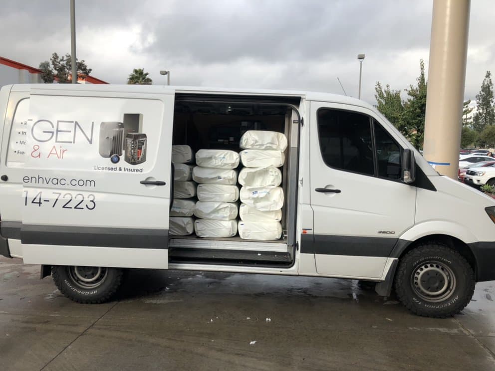 NextGen Sprinter van loaded with wrapped duct and filter materials for an install